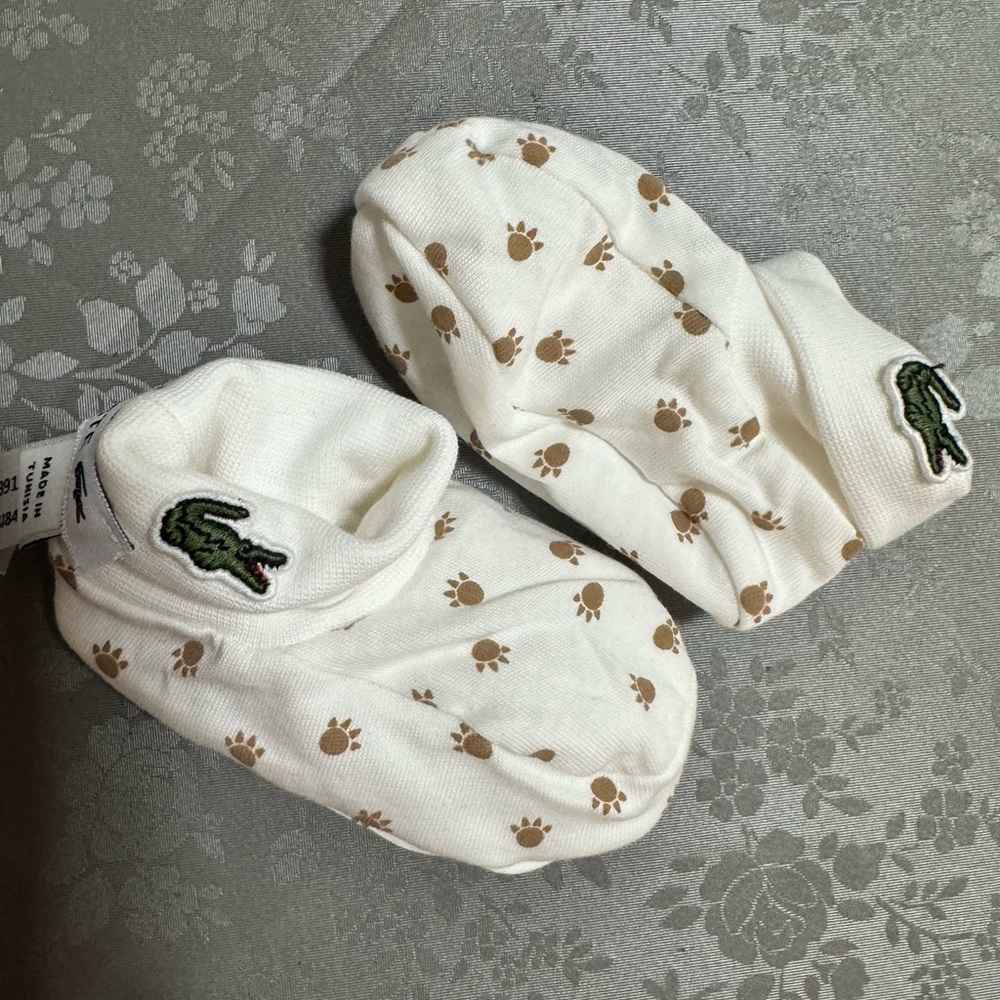 Lacoste Cream Baby Booties with Tan Paw-Prints